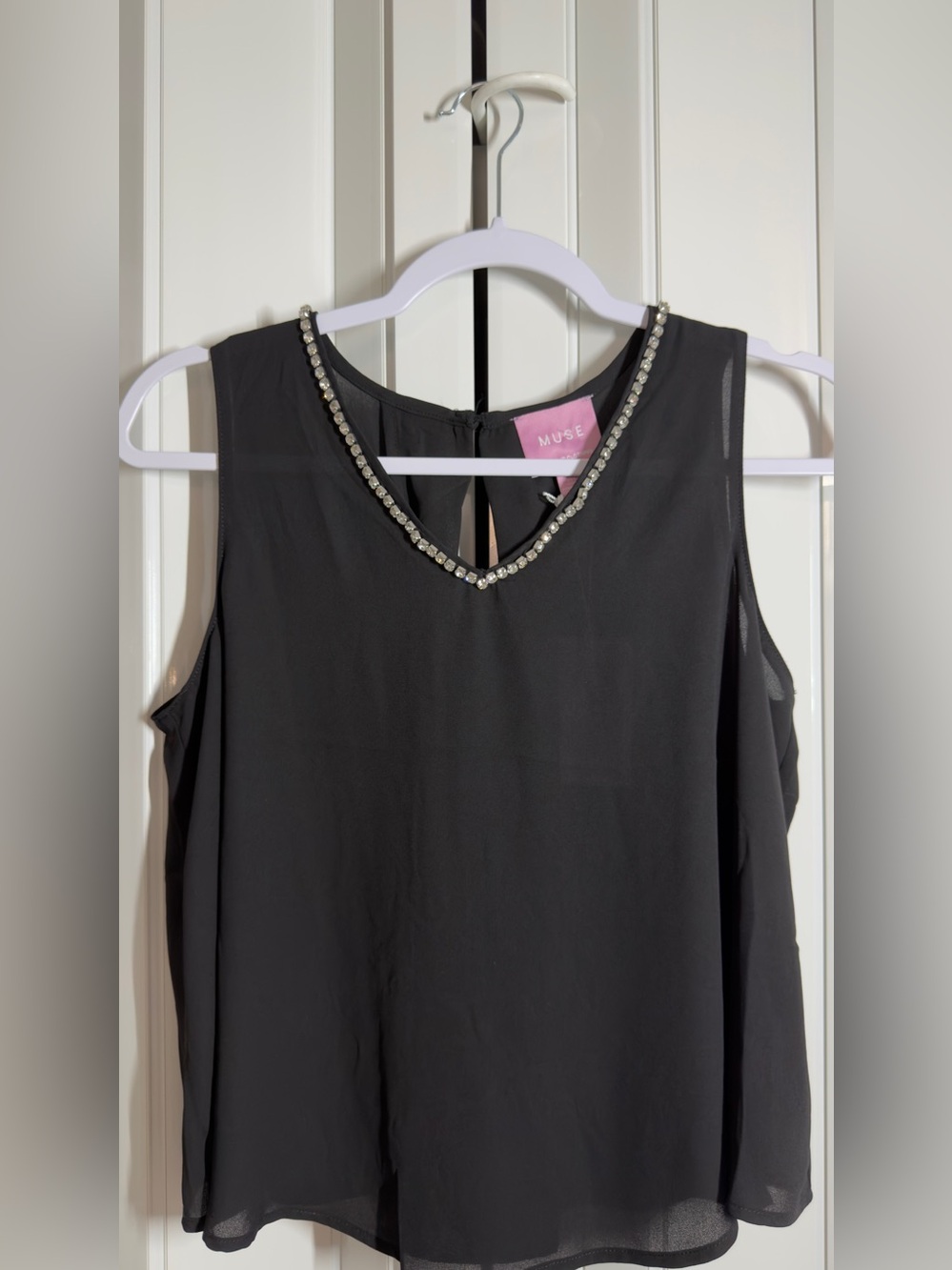 MUSE Black Sleeveless Rhinestone Embellished V-Neck Blouse Tank Top